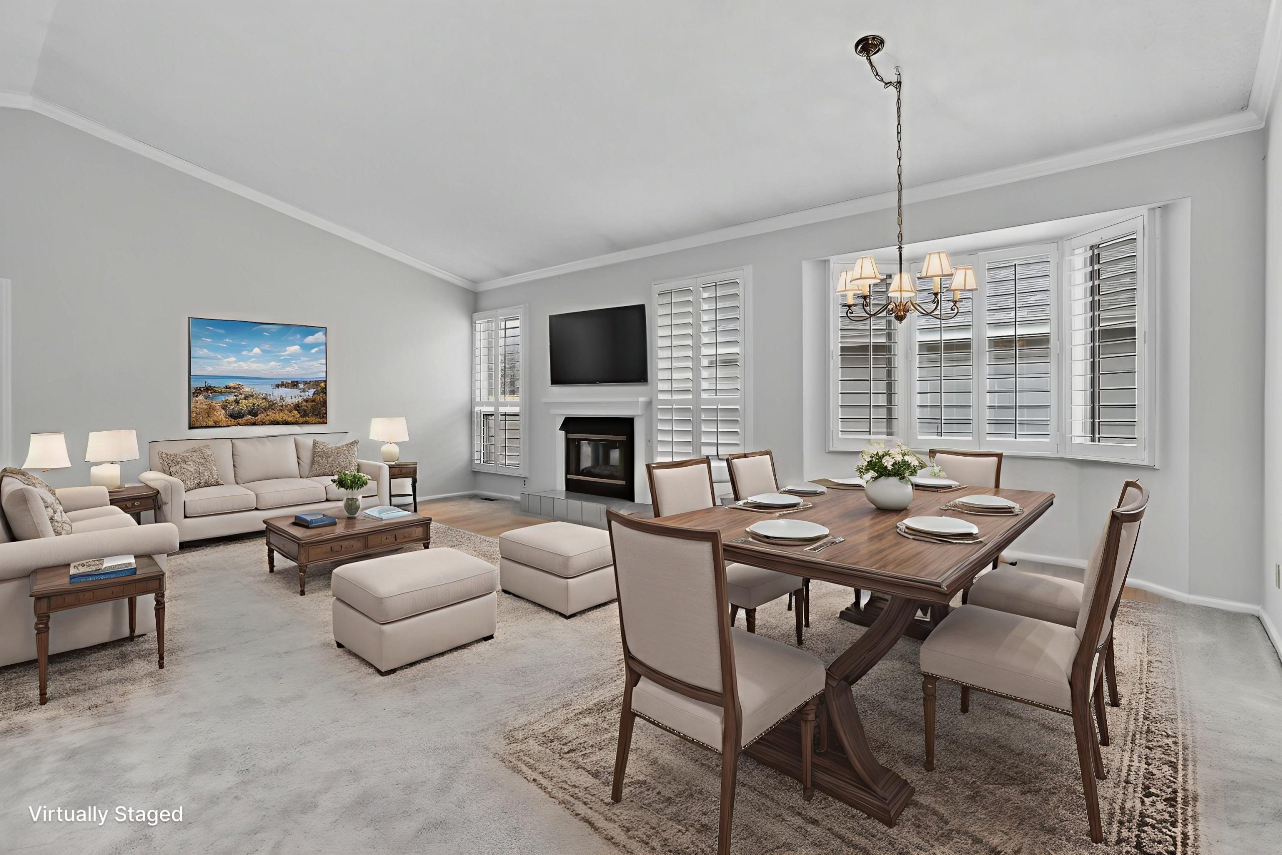 Virtually staged living and dining room with vaulted ceilings and plantation shutters – Low HOA Denver Patio Home